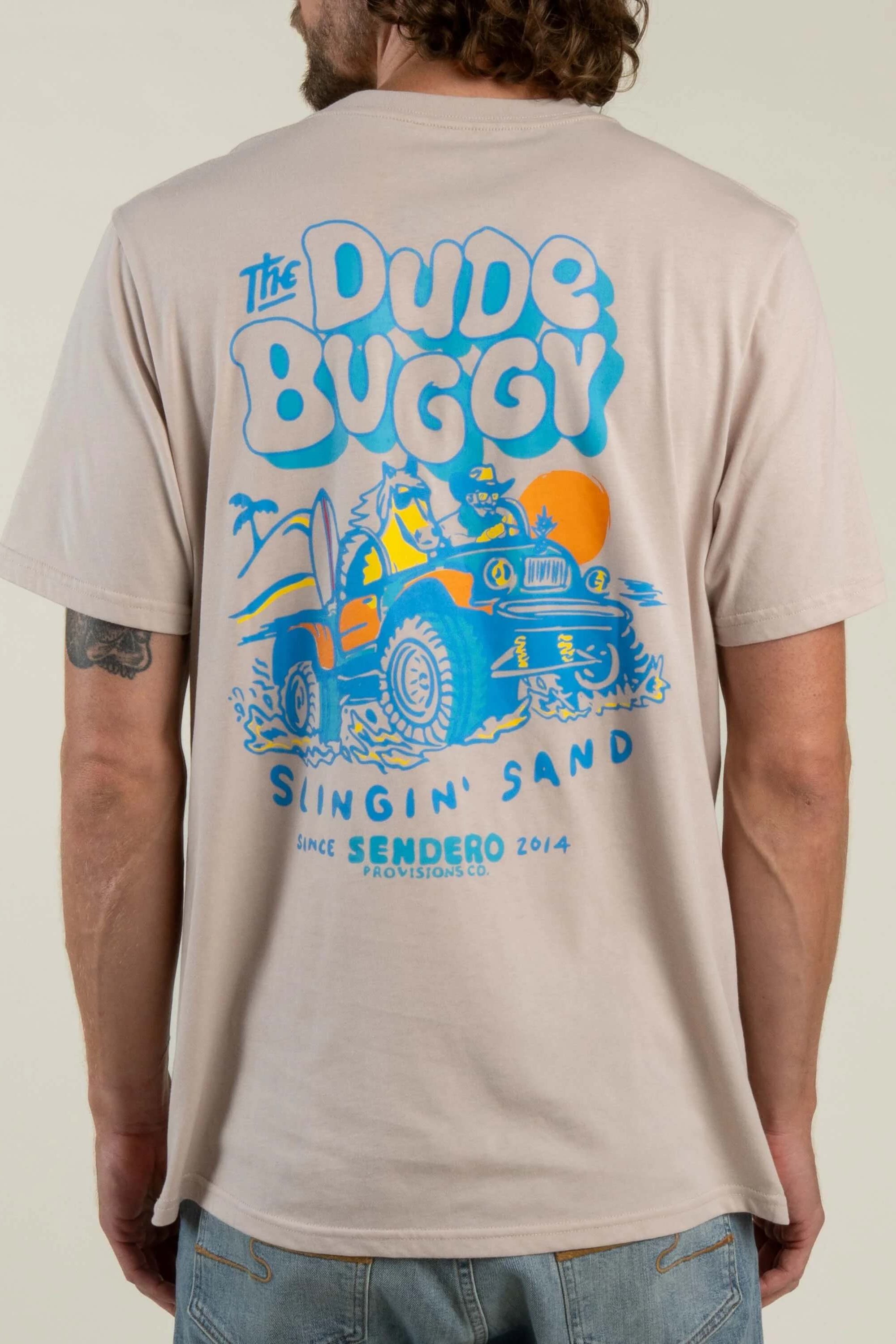 Sendero Dude Buggy Shirt in Sand back graphic
