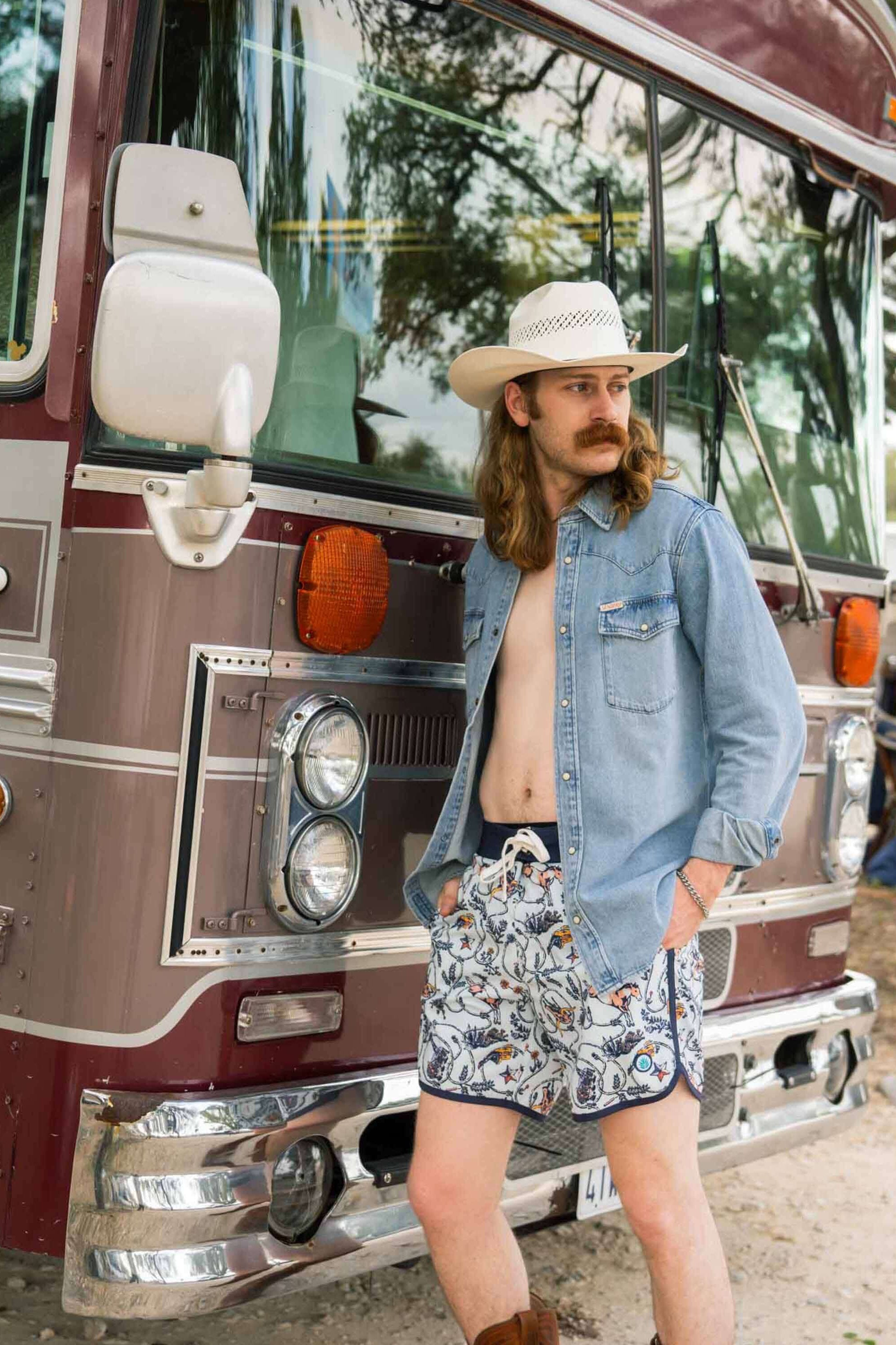Sendero Point Bar Boardshort in High Lonesome/Light Blue lifestyle