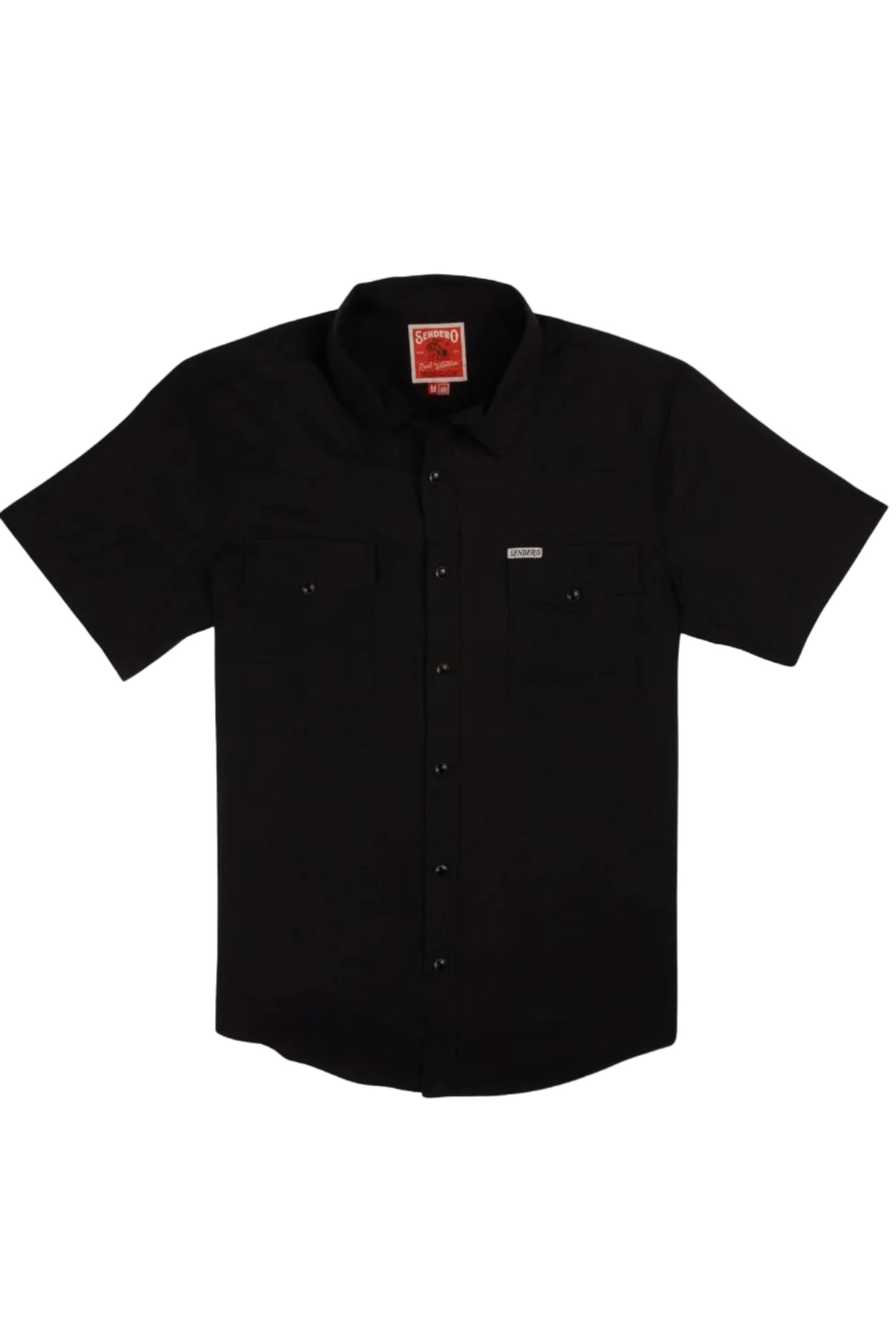 Black short-sleeve shirt with brand labels on a white background