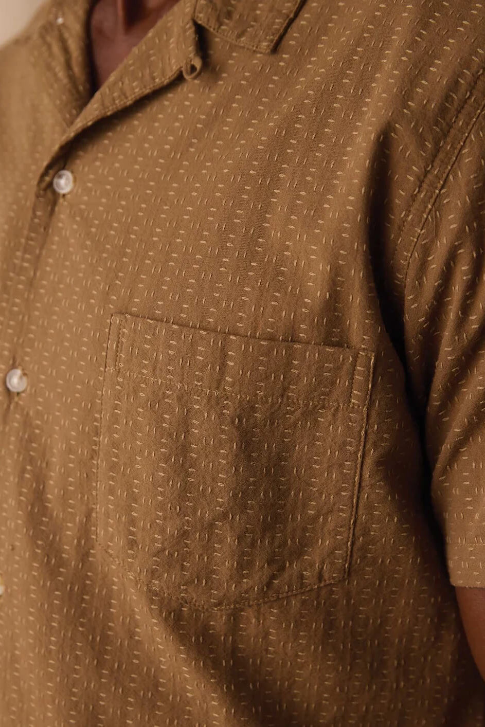 The Normal Band Freshwater Resort Shirt on Dark Khaki close up