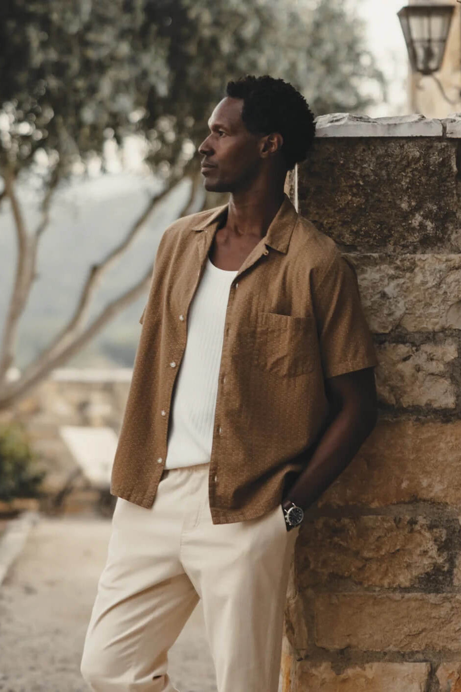The Normal Band Freshwater Resort Shirt on Dark Khaki lifestyle