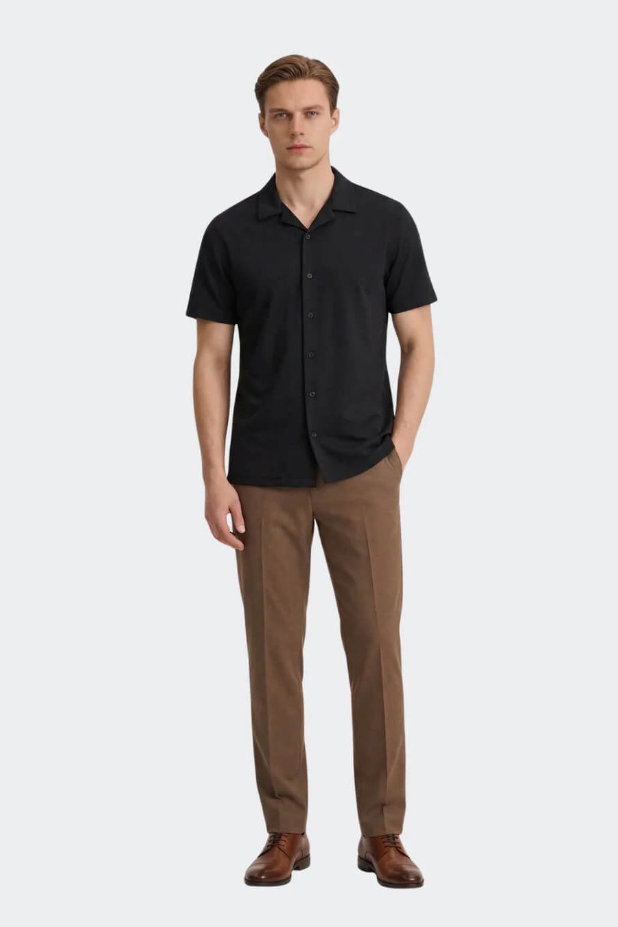 Vustra Jersey Knit Camp Shirt in Black outfit