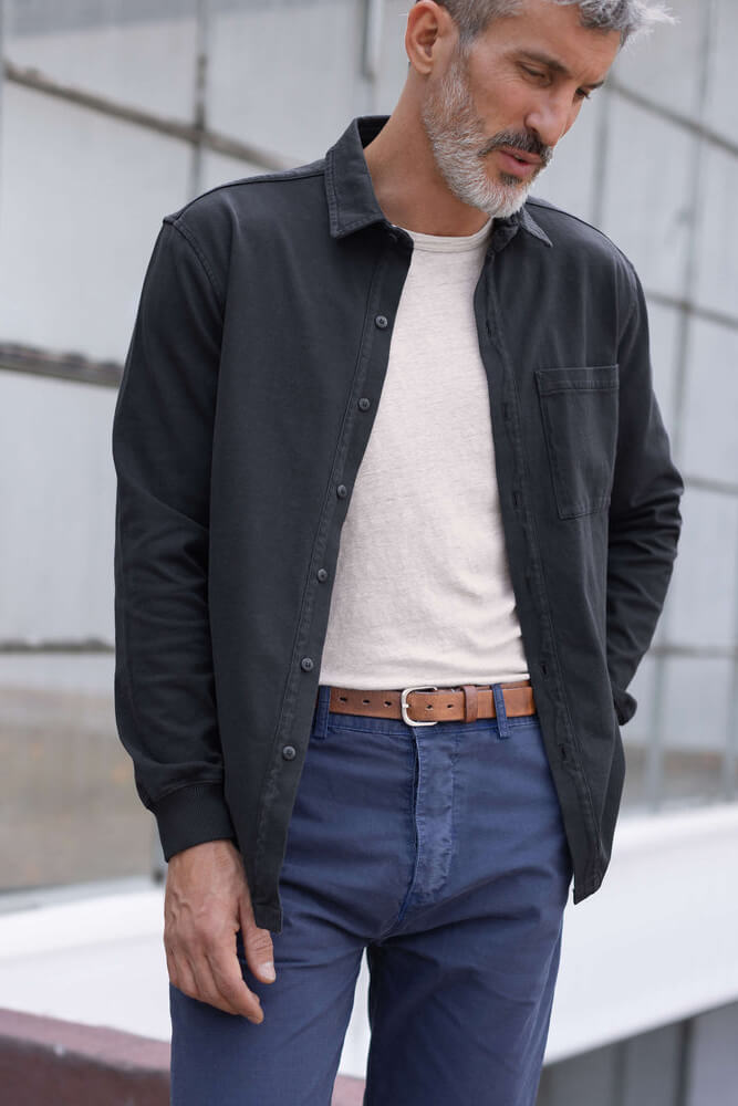 Man wearing the Alex Crane Caza Knit shirt in midnight