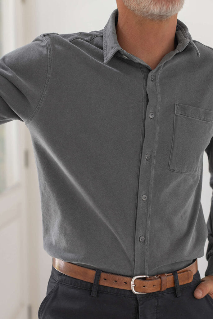 Alex Crane Caza Knit shirt in slate outfit