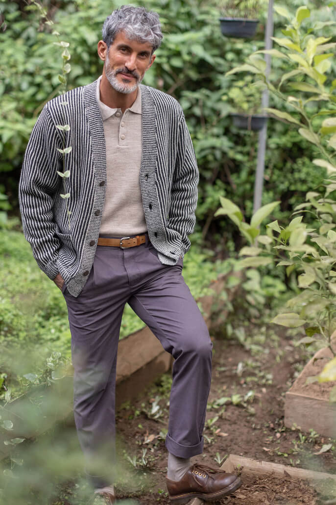 Man wearing Alex Crane Vale Cardigan in lines