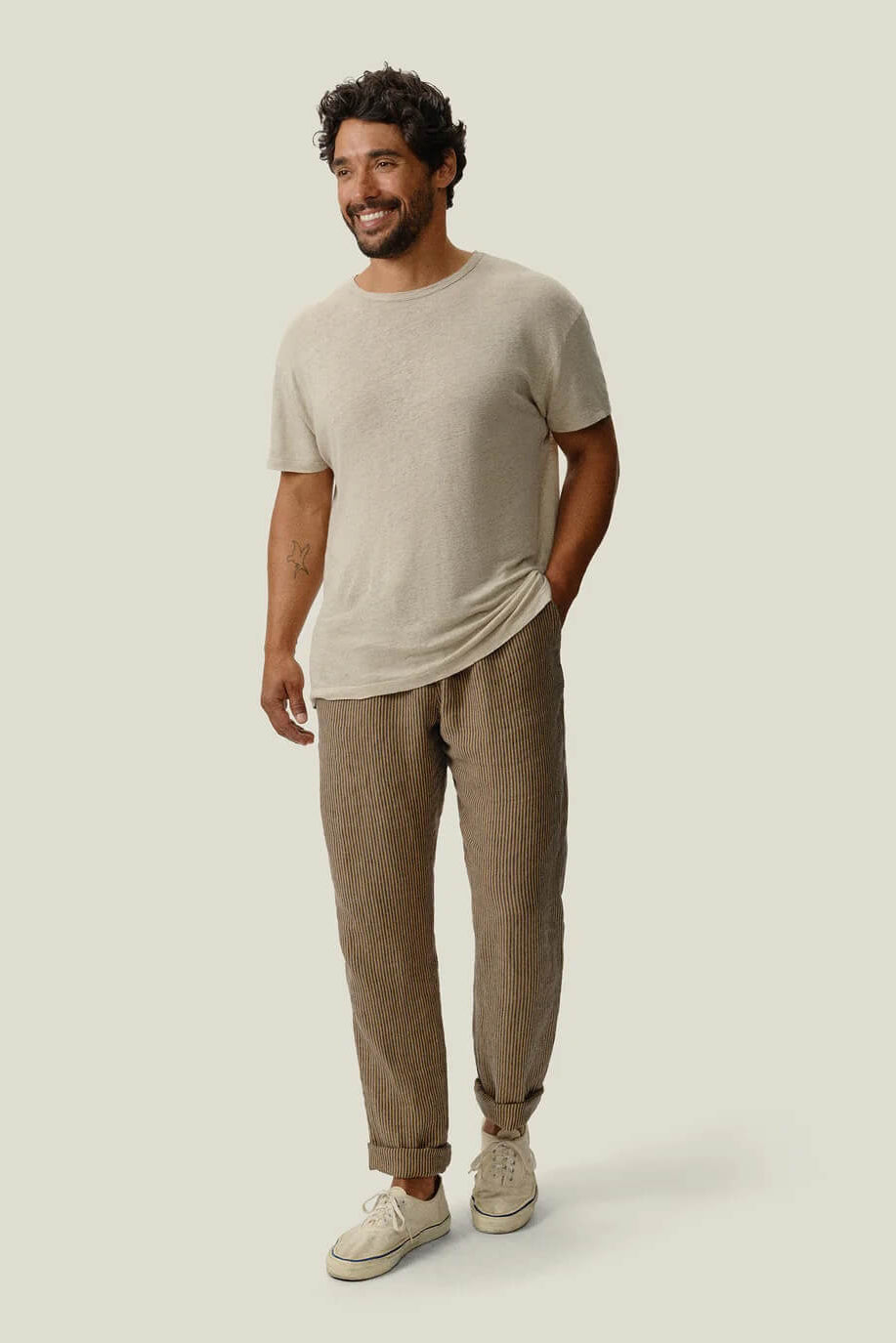 Man Wearing the Alex Crane Bo Pants in Overdye Chai