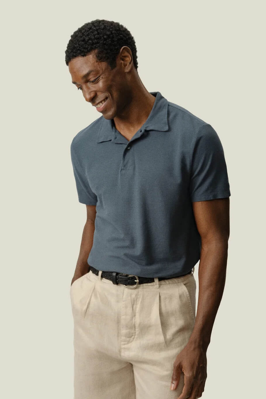 Man wearing the Alex Crane Crepe Polo in Lake 
