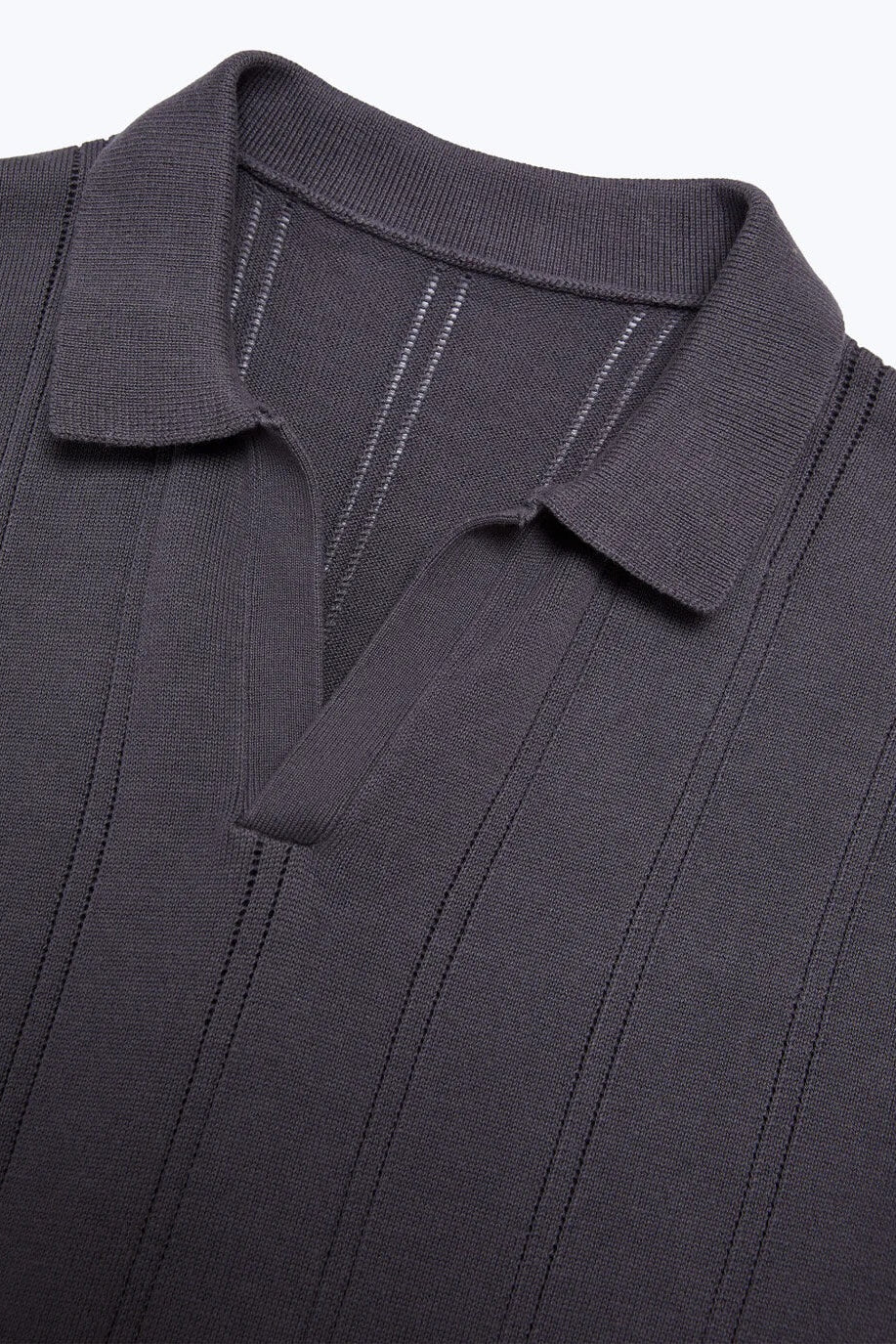 Alex Crane Lolo Drop Needle Sweater Polo in Ash texture close up 