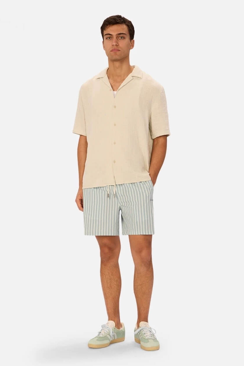 Man wearing The Berkeley Swim Short in Silver Blue/White