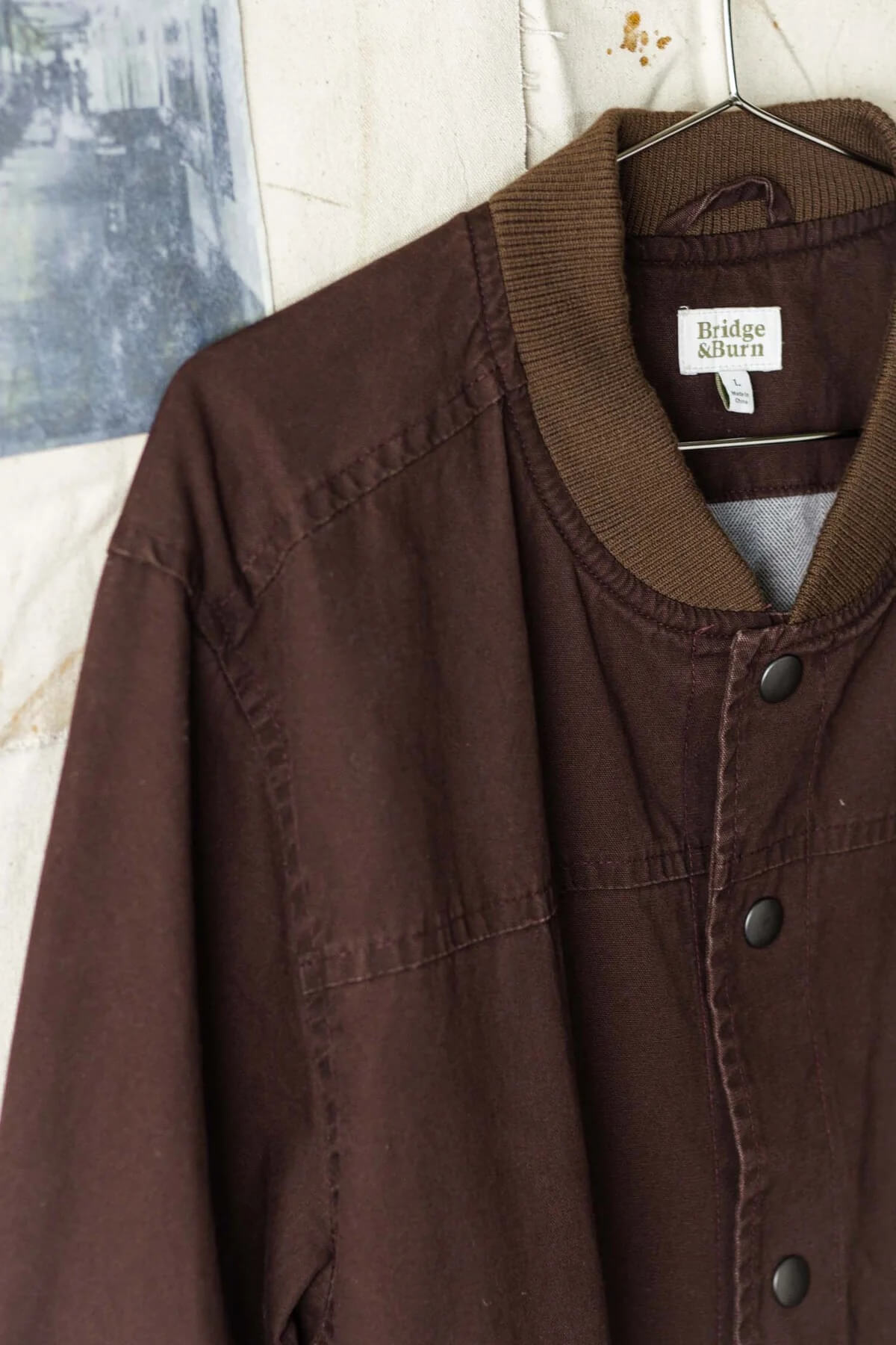 Bridge and Burn Austen Varsity Jacket in mahogany canvas collar close up
