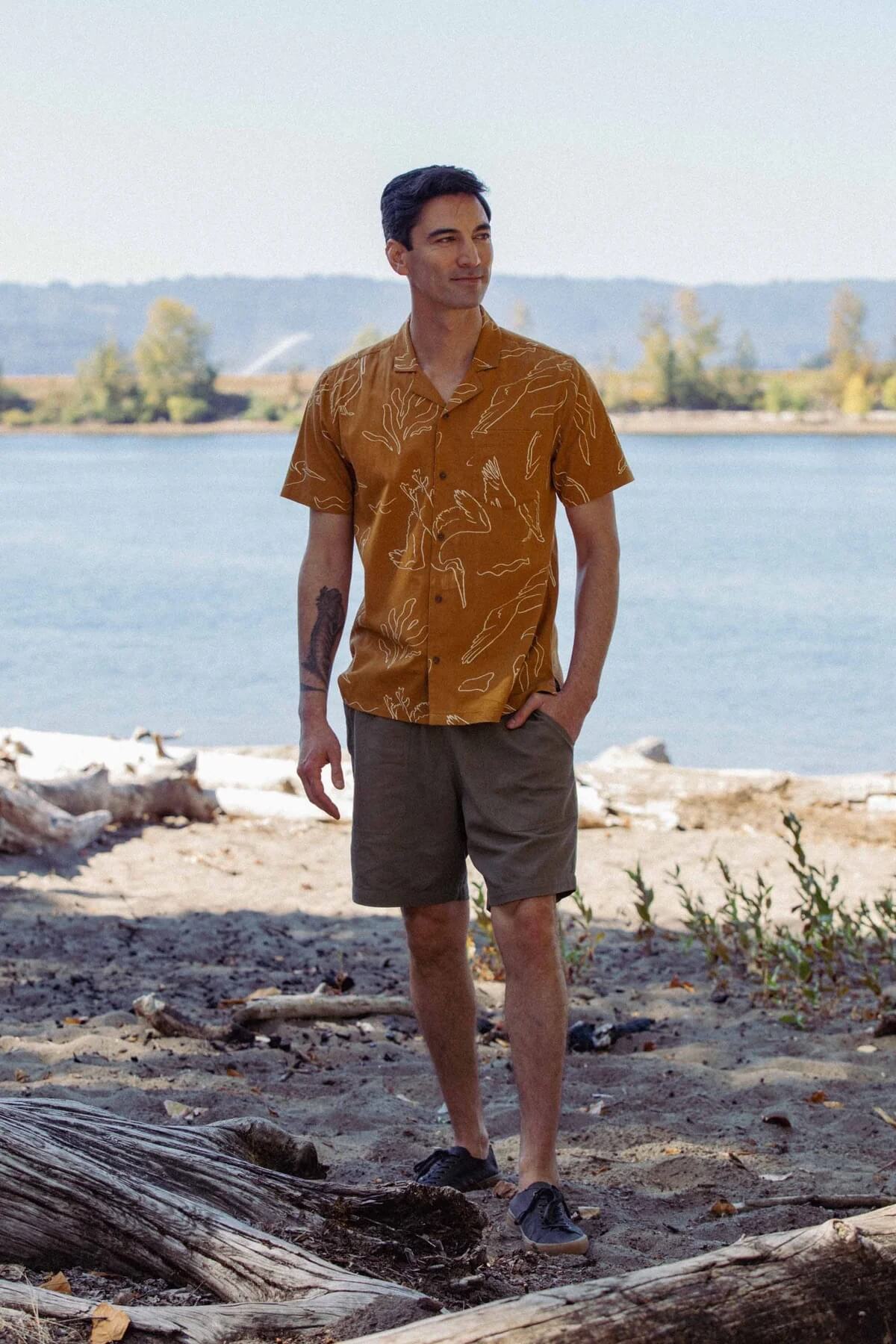 Man wearing The Bodie Shirt in Shoreflight by Bridge and Burn