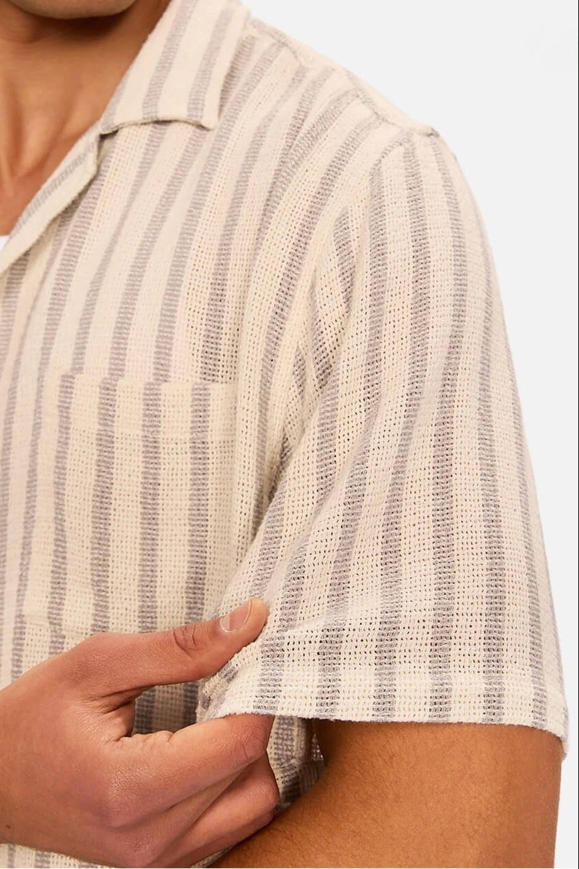 Industrie The Cresta Short Sleeve Shirt IN Off White/Blue texture close up