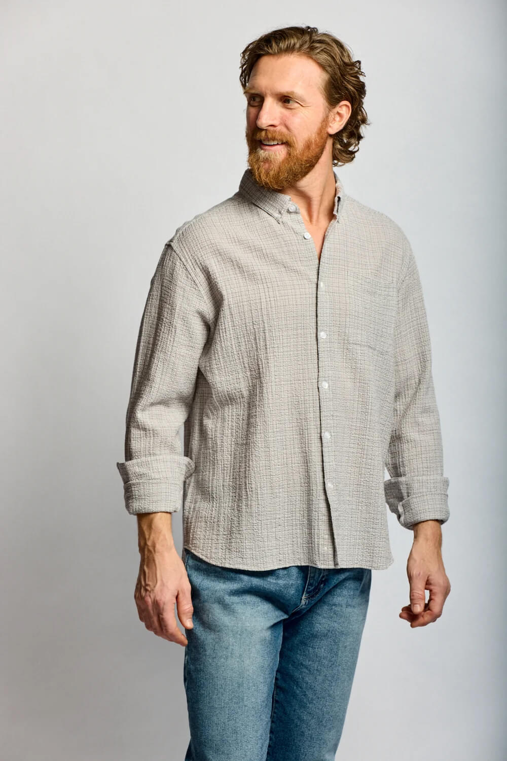 Easy Mondays Crinkle Plaid Button Down men's lightweight cotton shirt with textured crinkle weave, relaxed collar and classic plaid pattern.