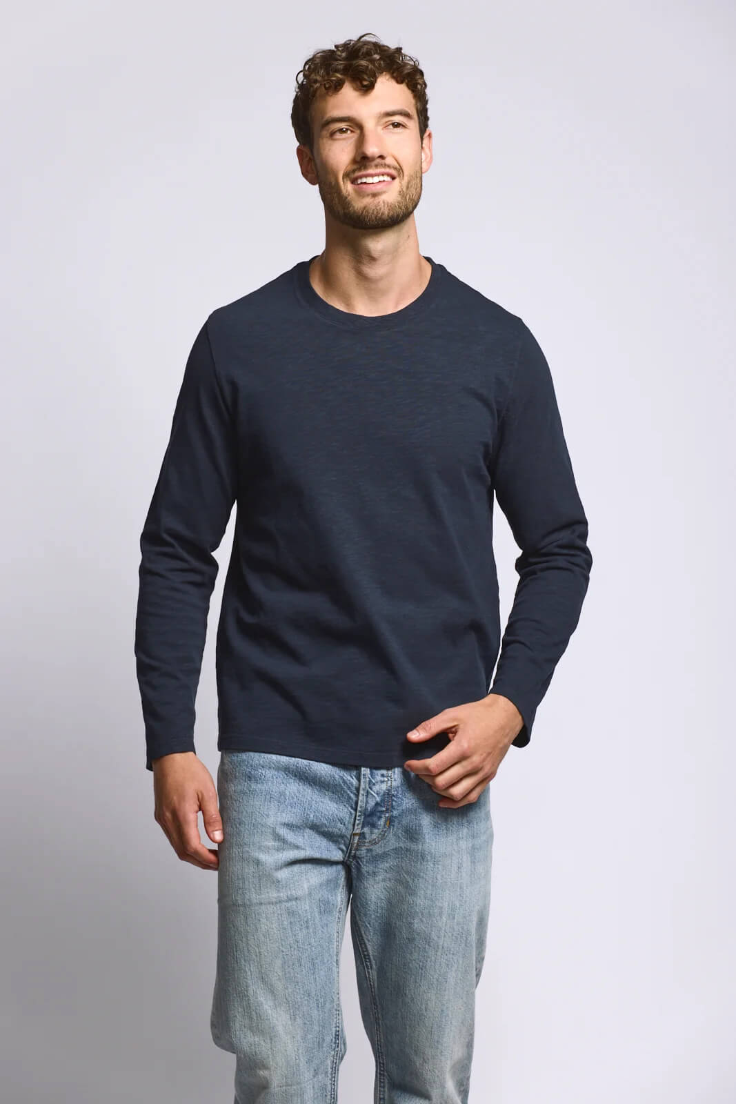 Easy Mondays Long Sleeve Slub Cotton Jersey men's crew neck shirt with textured 240 GSM cotton fabric and casual fit.