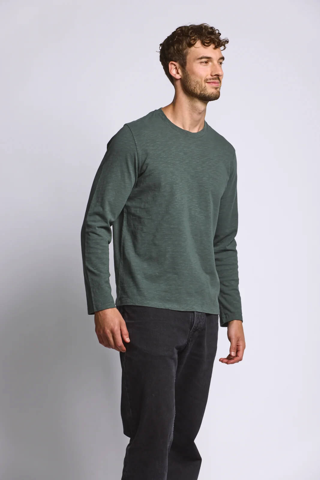Easy Mondays Long Sleeve Slub Cotton Jersey men's crew neck shirt with textured 240 GSM cotton fabric and casual fit.