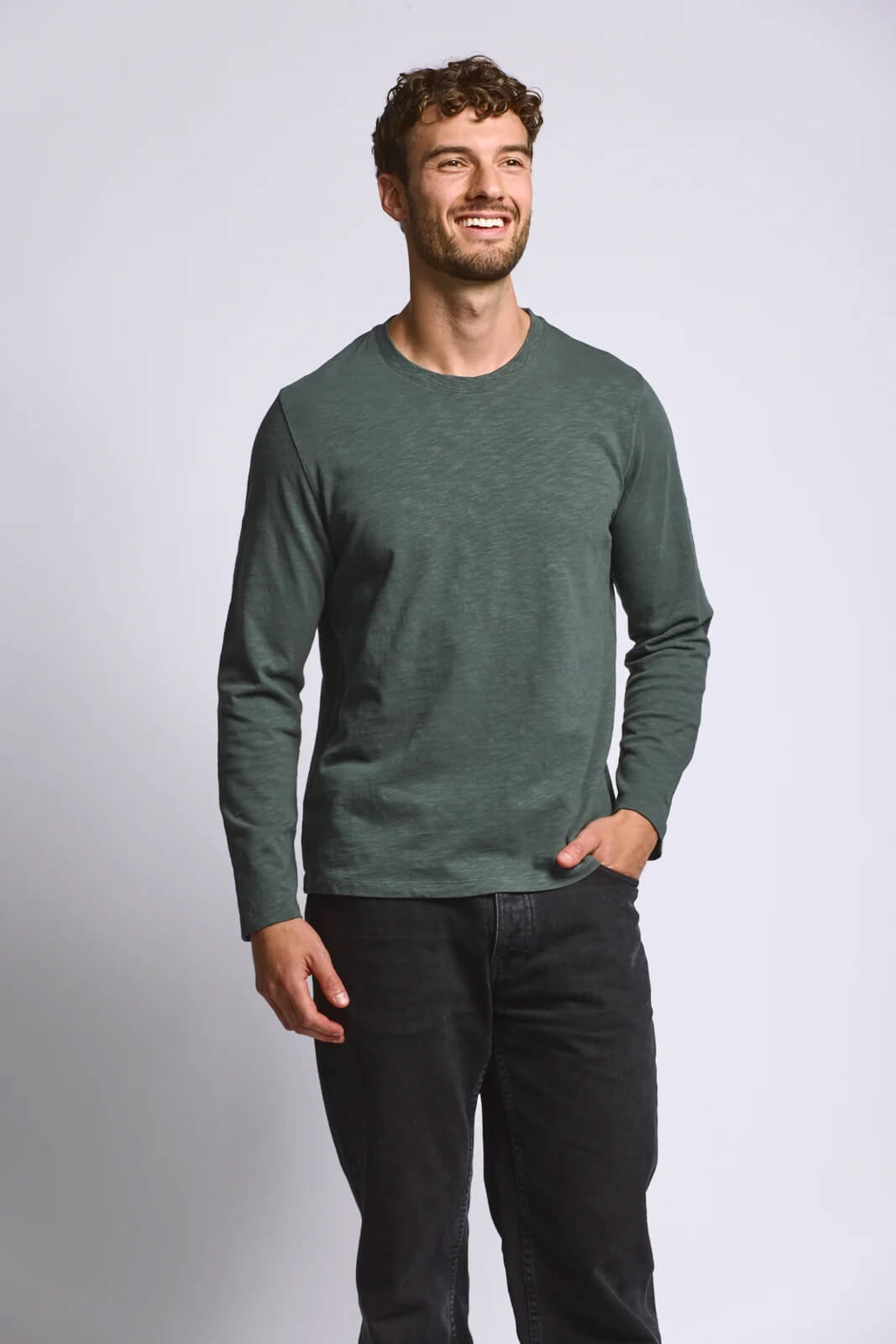 Easy Mondays Long Sleeve Slub Cotton Jersey men's crew neck shirt with textured 240 GSM cotton fabric and casual fit.