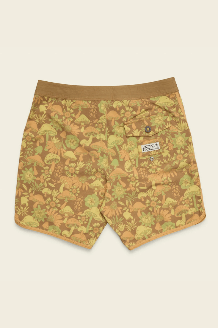 Howler Brothers Bruja men's boardshorts with drawstring waist, draining front pockets and scalloped leg openings.