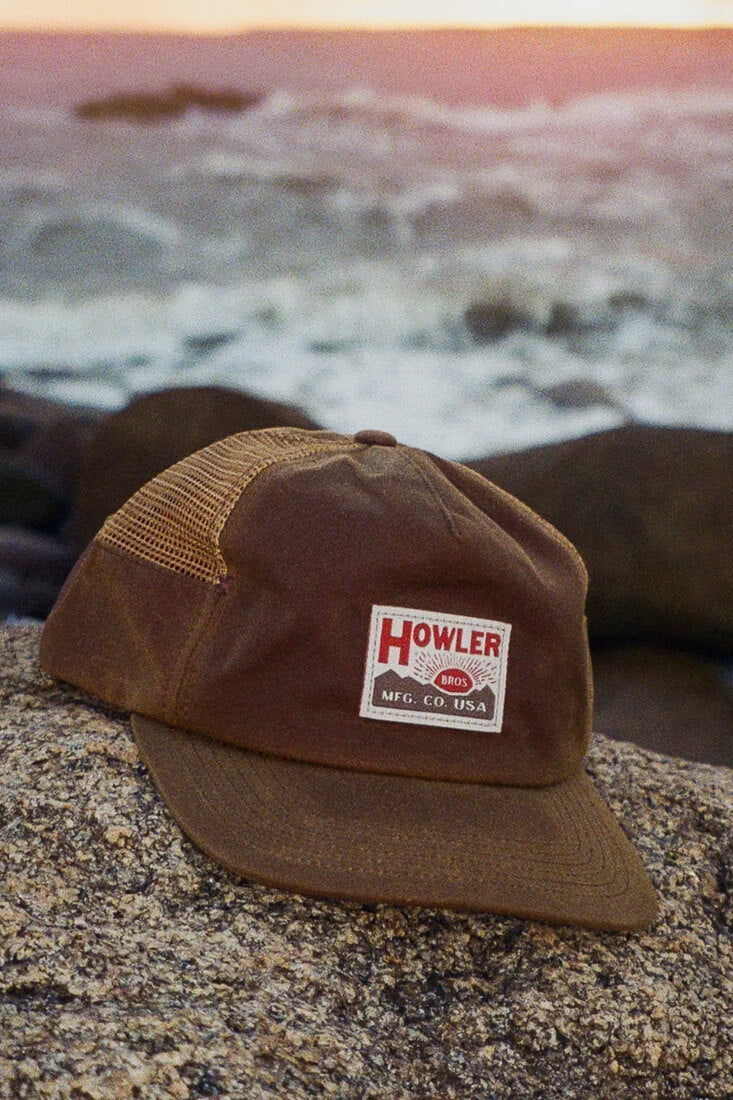 Howler Brothers HB Mfg. Co. Snapback men's unstructured five-panel hat with waxed canvas front, mesh panels and adjustable snapback closure