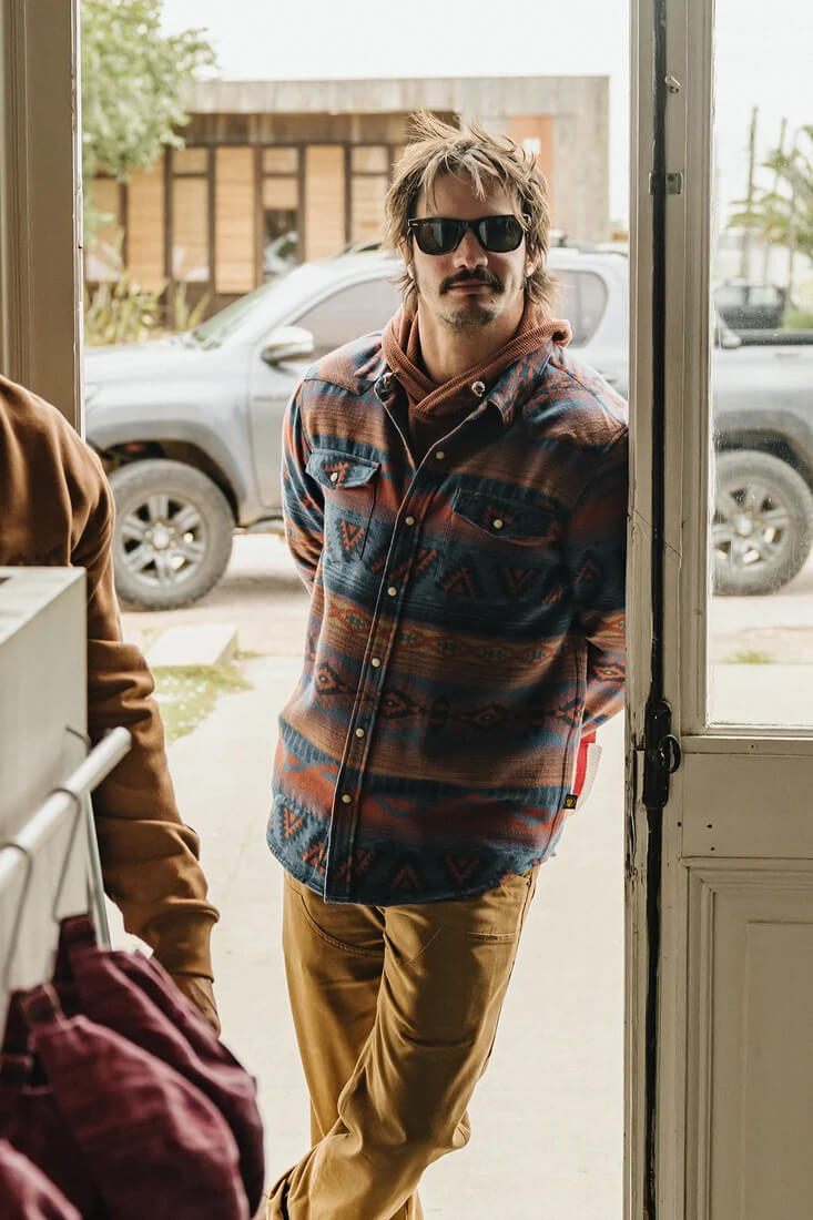 Howler Brothers Sheridan Flannel men's regular-fit jacquard flannel shirt with western-inspired styling, bone snaps, and shirttail hem.