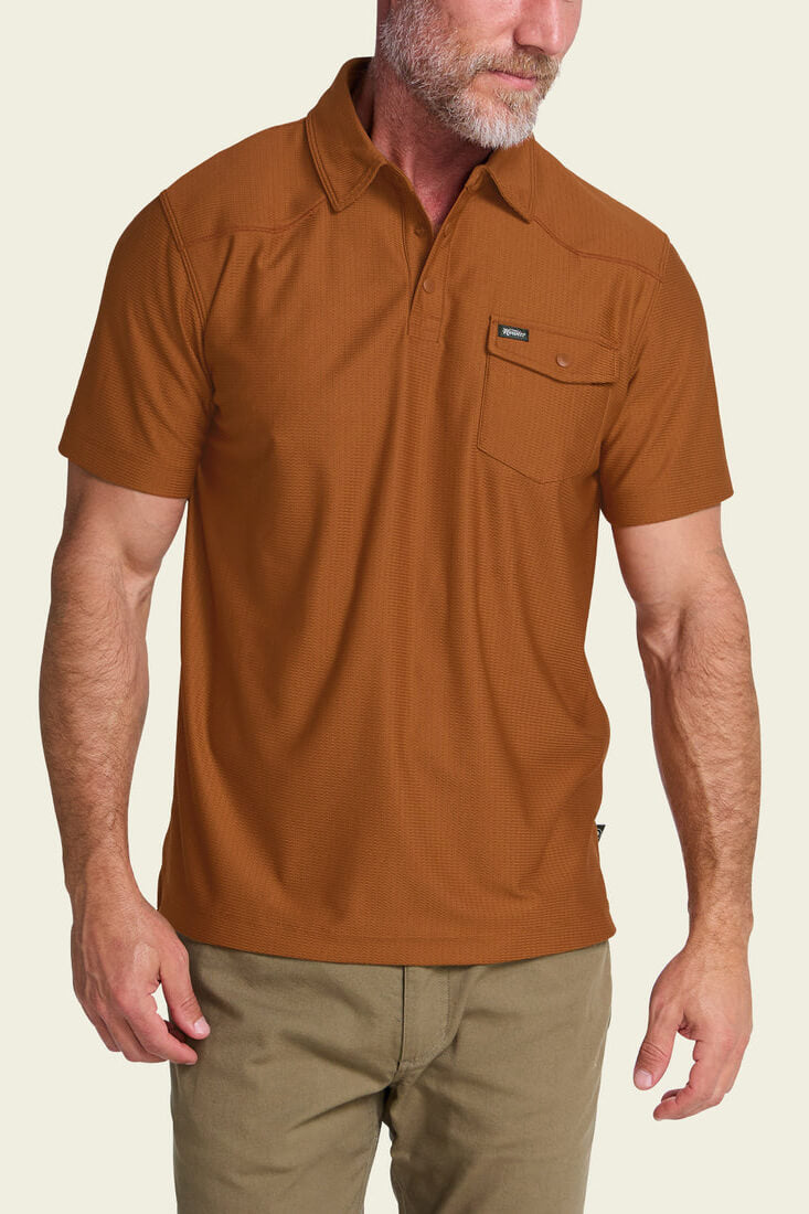 Howler Brothers Ranchero Tech Polo men's short sleeve performance polo with Western yokes, snap front and chest pocket.