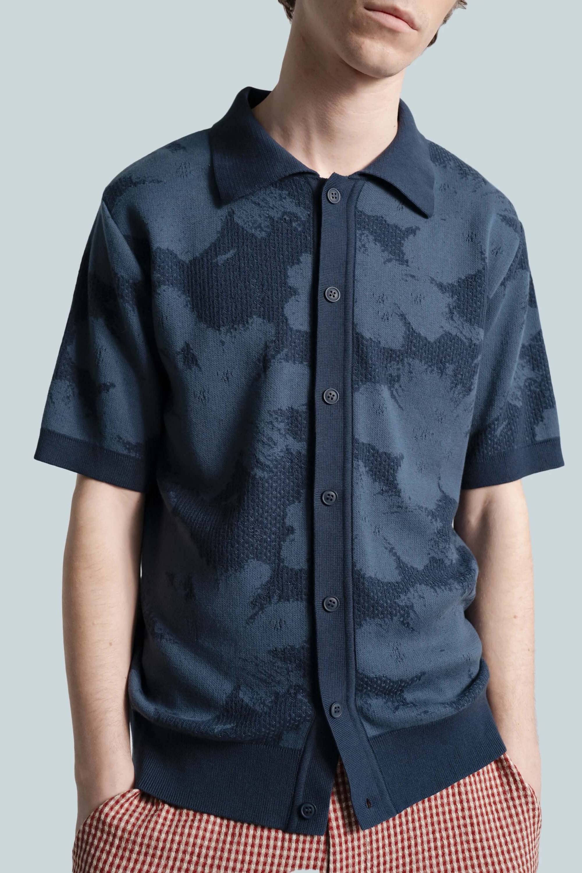 Far Afield Zigger Pixel Flower Knit Shirt in Navy