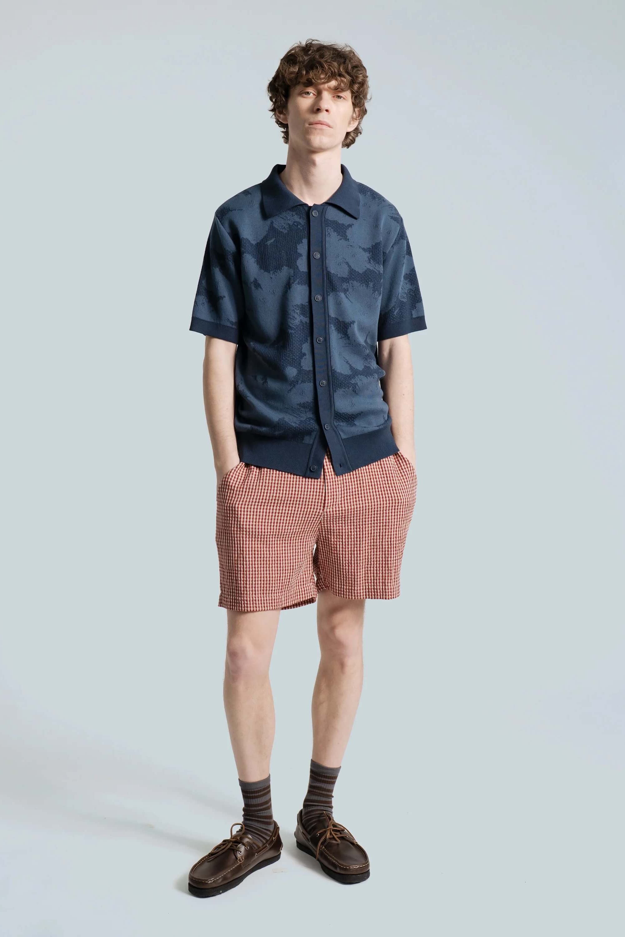 Far Afield Zigger Pixel Flower Knit Shirt in Navy