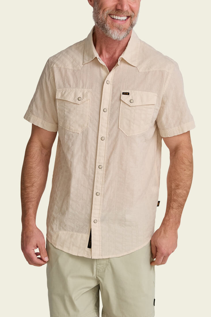 Howler Bros H Bar B Snapshirt in eyelet stripe off white