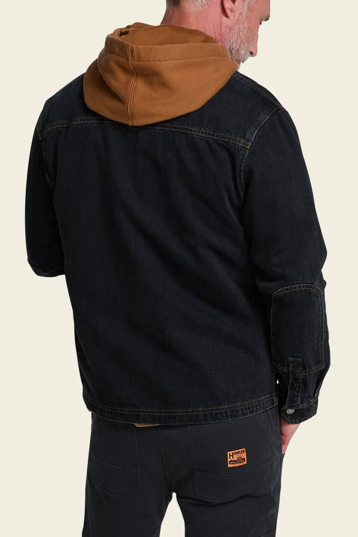 Howler Bros Conveyor Coat in Blacktop Denim back fit