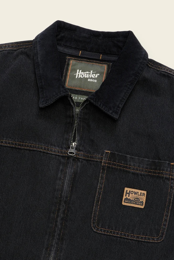 Howler Bros Conveyor Coat in Blacktop Denim close up