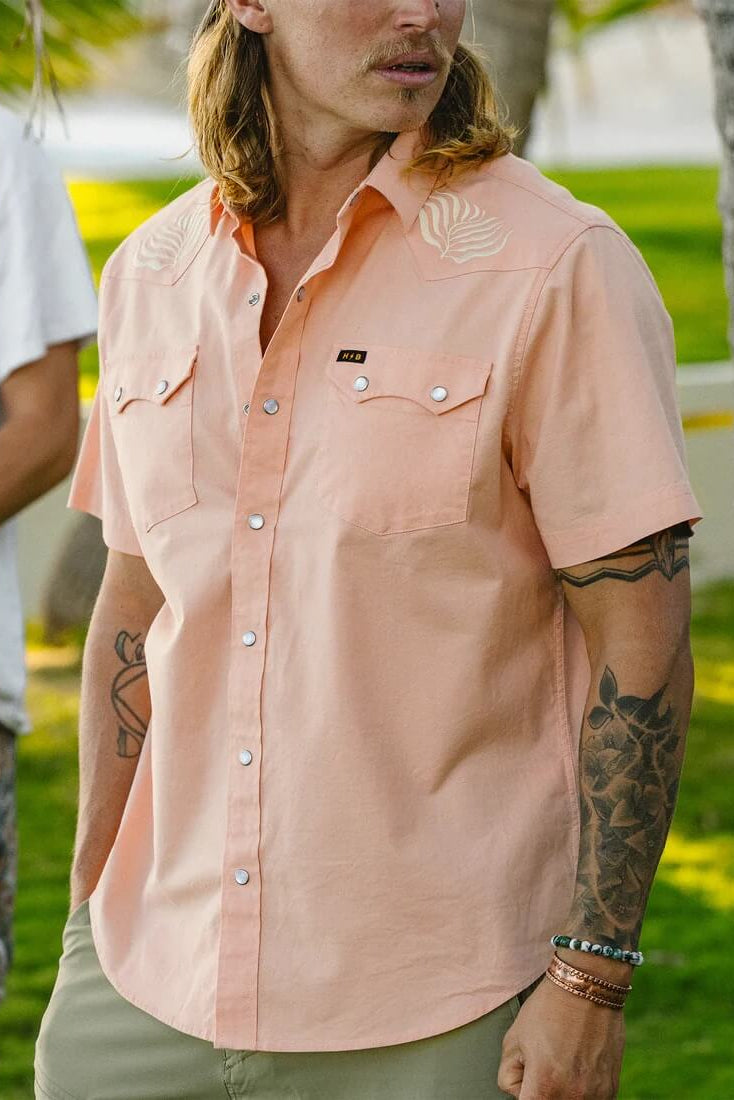 Howler Bros Crosscut Deluxe Short Sleeve Snapshirt in Seagrass Coral Oxford lifestyle