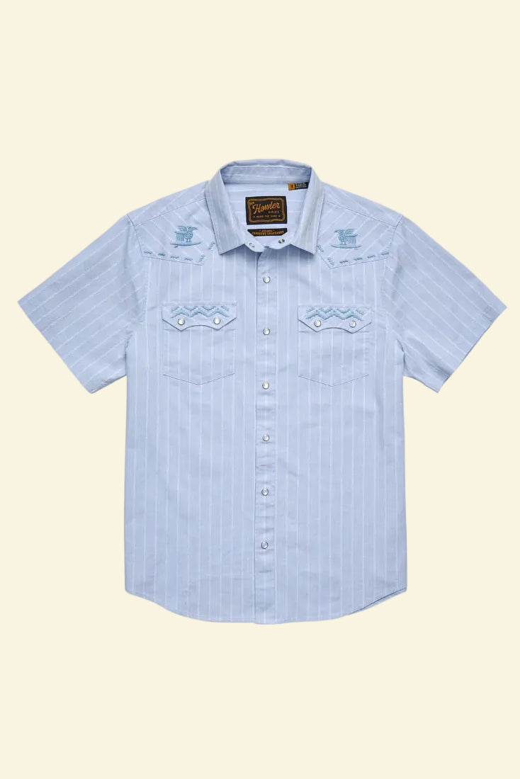Howler Bros Crosscut Short Sleeve Deluxe Snapshirt in Surfbird Sky Oxford Dobby flat product