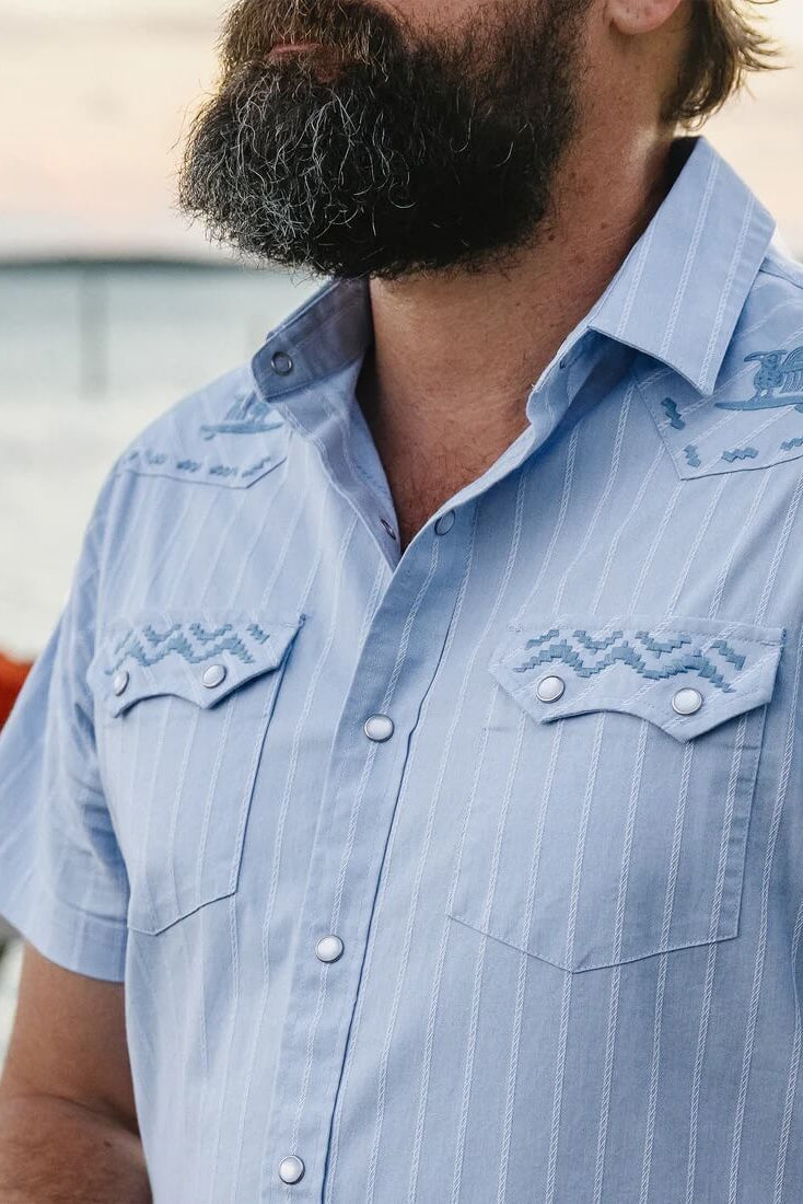 Howler Bros Crosscut Short Sleeve Deluxe Snapshirt in Surfbird Sky Oxford Dobby lifestyle