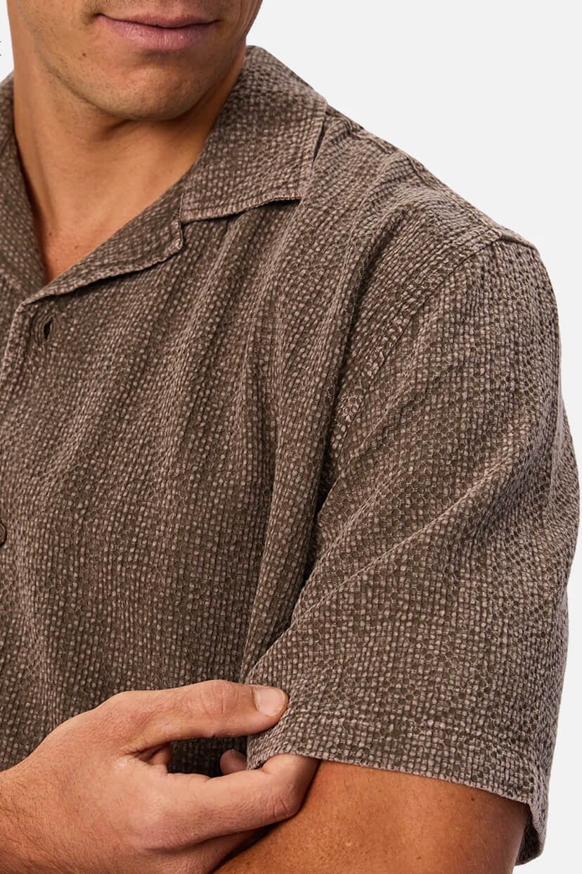 Industrie The Canyon Short Sleeve Shirt in Bark texture close up