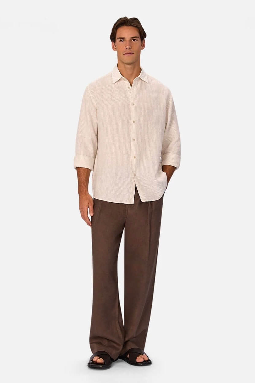 Man wearing The Monaco Long Sleeve Shirt in Cream/Beige 