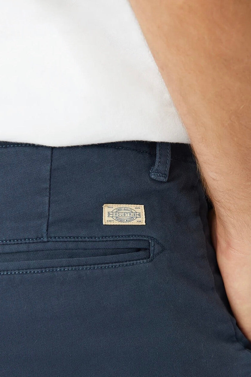 Industrie The Rinse Drifter Short in Mid Indigo back detail close up