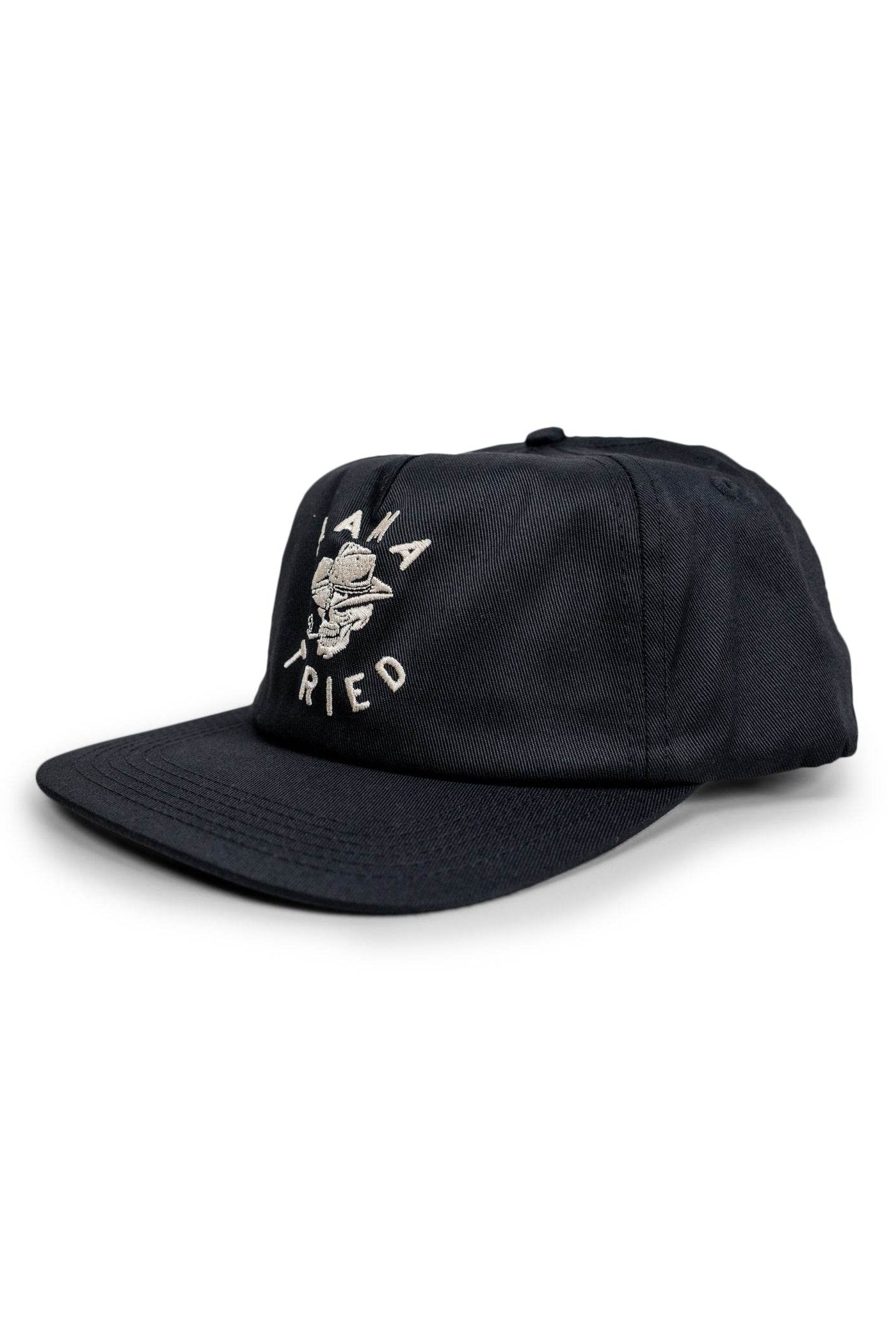Black cap with white text and logo on a white background