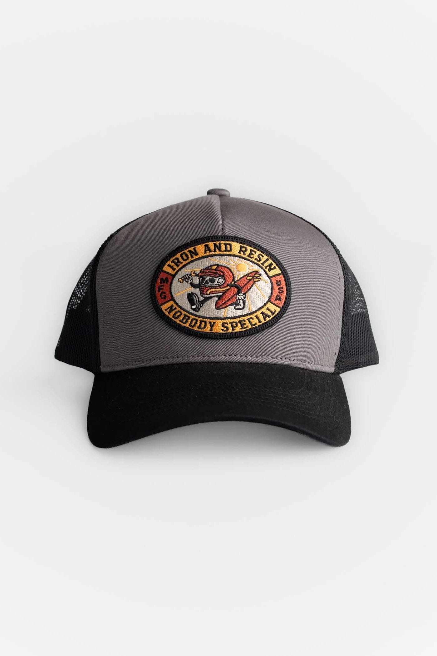 Gray and black Nobody Special cap with a logo on a white background