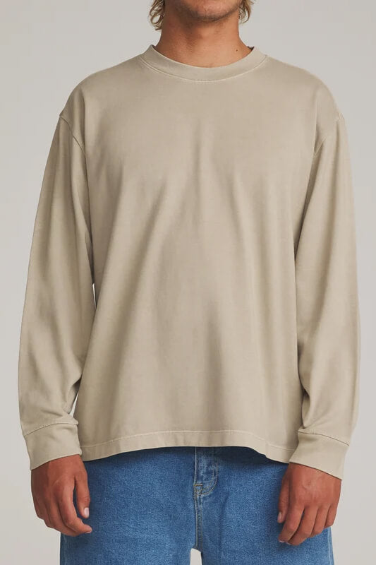 Katin Box Fit Long Sleeve Tee men's Taupe Vintage Wash heavyweight organic cotton shirt with relaxed fit and straight hem