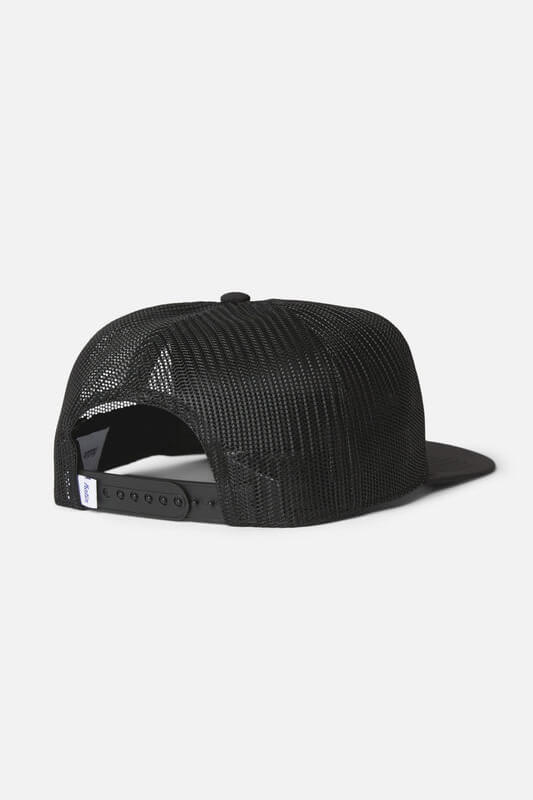 Katin Helios Trucker Hat featuring a custom logo patch, recycled nylon crown and brim, mesh back, flat brim, and adjustable snapback closure.