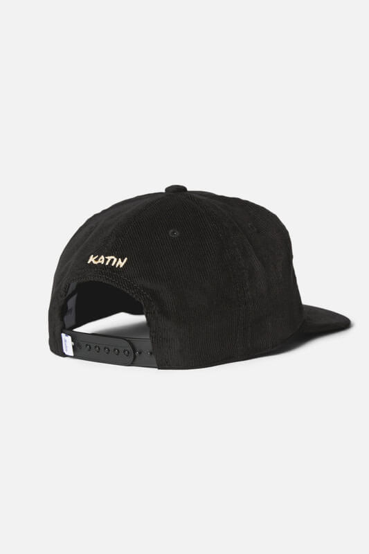 Katin Lumen Hat featuring cotton corduroy, custom embroidered graphics, a mid-crown five-panel design, flat brim, and adjustable snapback closure.