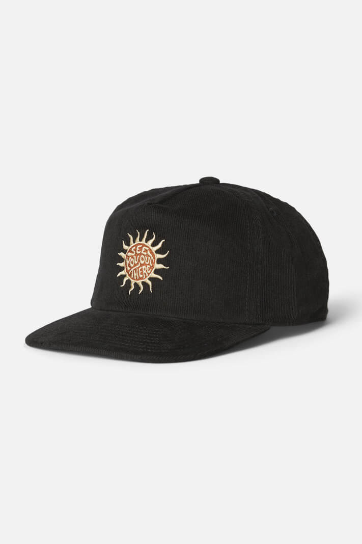 Katin Lumen Hat featuring cotton corduroy, custom embroidered graphics, a mid-crown five-panel design, flat brim, and adjustable snapback closure.