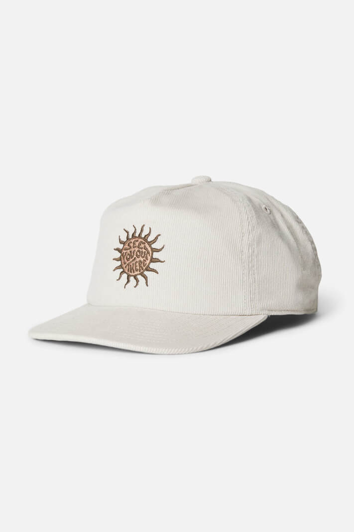 Katin Lumen Hat featuring cotton corduroy, custom embroidered graphics, a mid-crown five-panel design, flat brim, and adjustable snapback closure.