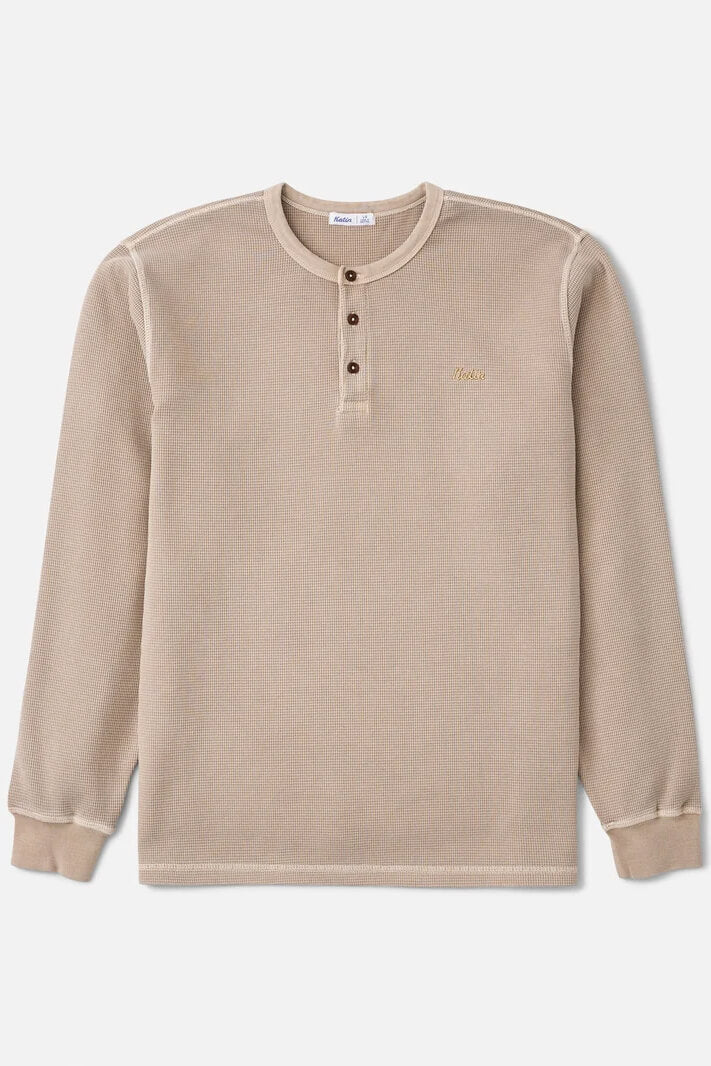 Katin Mesa Thermal men's waffle-knit henley shirt with three-button neckline and straight hem.