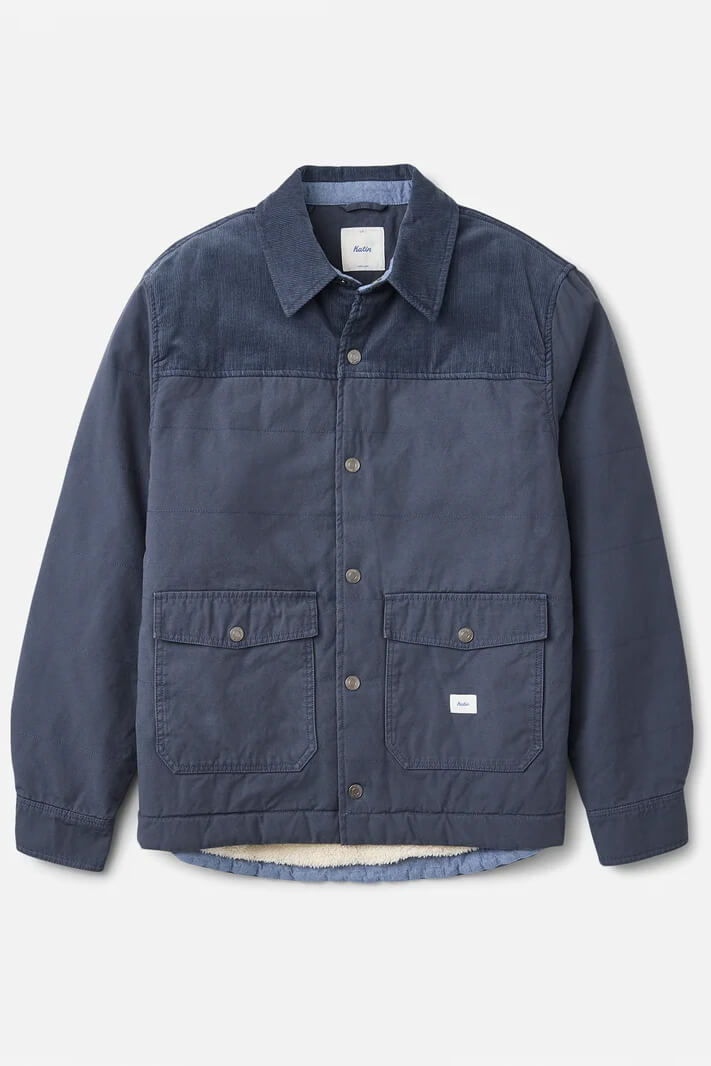 Katin Yukon Jacket featuring a quilted cotton canvas shell, corduroy collar, sherpa lining, snap-front closure, and utility pockets.