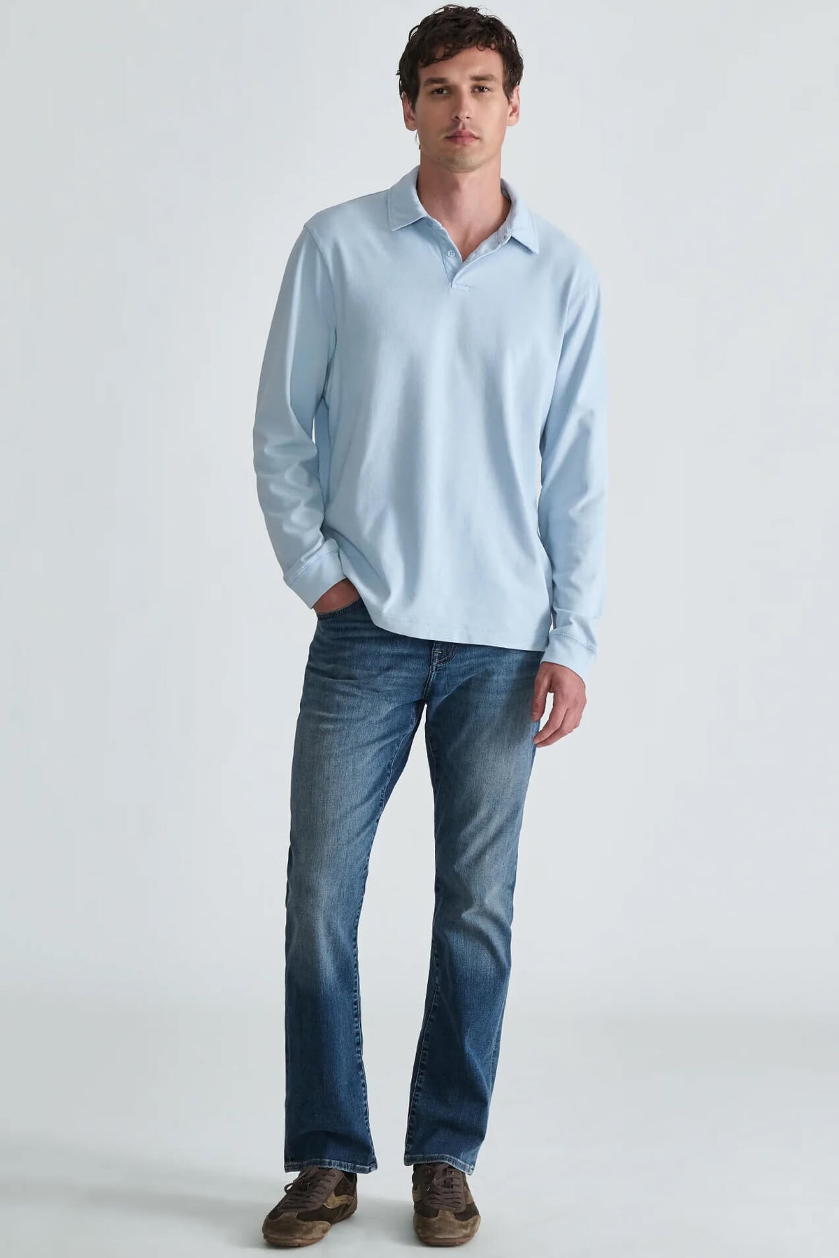 Mavi Acid Wash Long Sleeve Polo T-Shirt men's regular-fit cotton polo with long sleeves and lived-in acid-washed finish