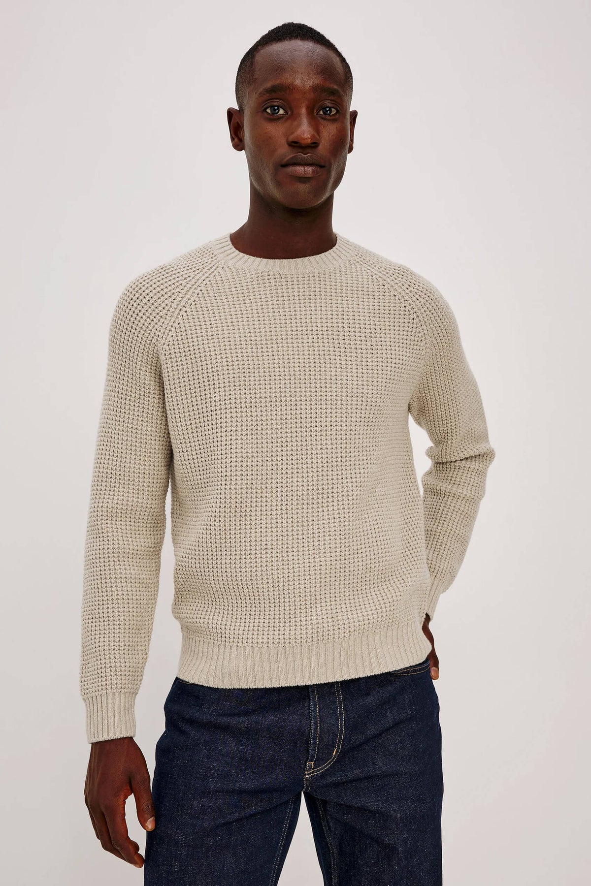 Rails Augustus Sweater men's midweight cotton crewneck with chunky thermal stitch, textured bouclé finish and raglan sleeves