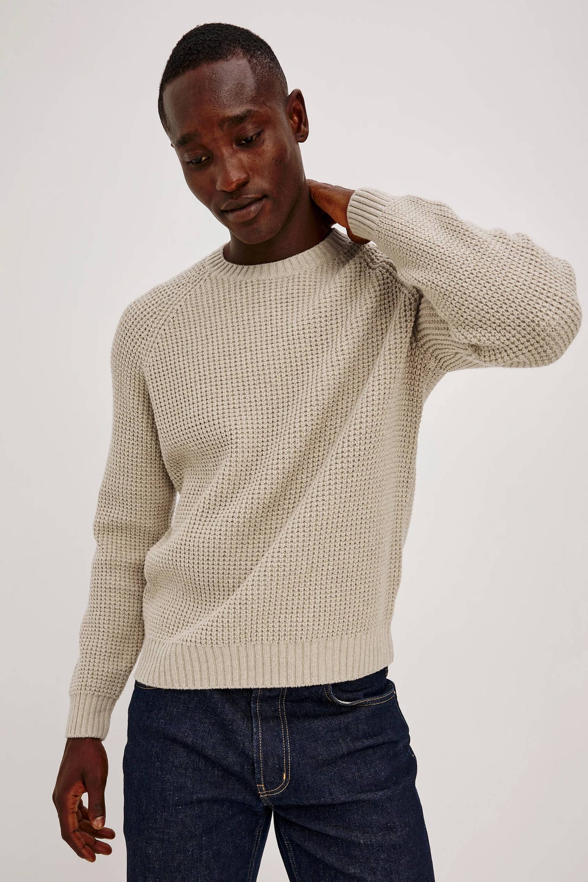 Rails Augustus Sweater men's midweight cotton crewneck with chunky thermal stitch, textured bouclé finish and raglan sleeves
