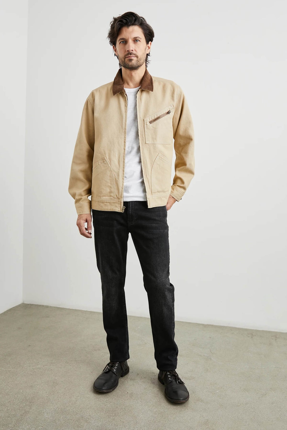 Rails Ketter Jacket men's cotton-hemp canvas trucker jacket with contrast corduroy collar and classic fit.