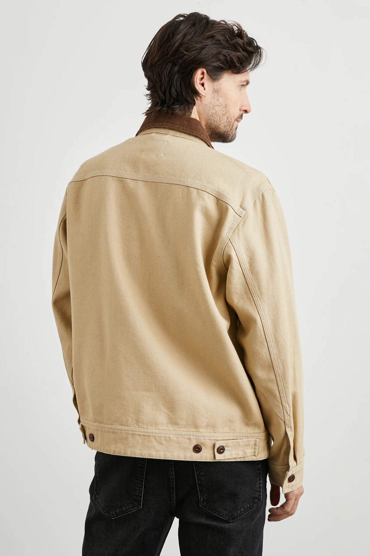 Rails Ketter Jacket men's cotton-hemp canvas trucker jacket with contrast corduroy collar and classic fit.