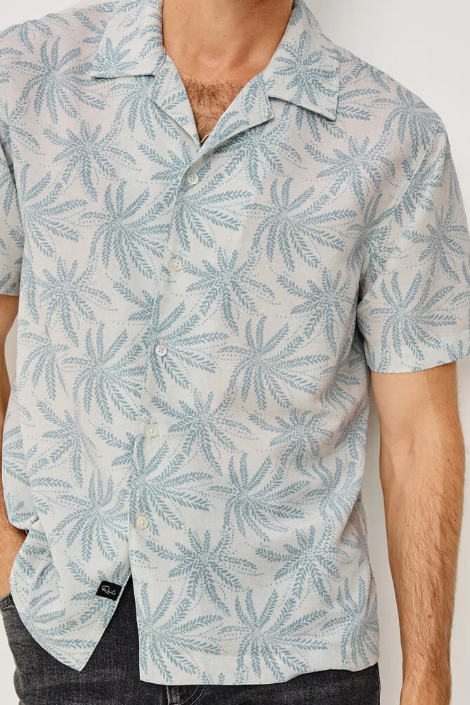Rails Rhodes Shirt men's short sleeve crepe button-up with boxy cropped fit, vintage-inspired notched collar and back box pleat.